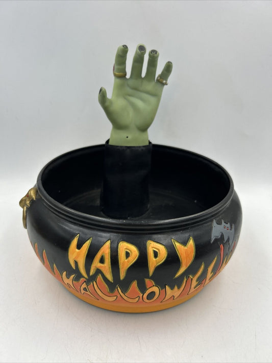 Vintage Gemmy Happy Halloween Witch Hand Cauldron Candy Bowl Animated Working