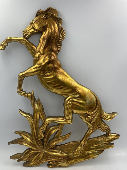 1960s Syroco Wood Rearing Horse Equestrian Molded Gilt Wall Plaque USA