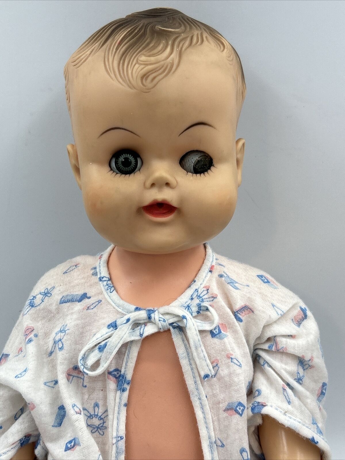 Vintage Unmarked Vinyl Baby Doll 20" Creepy Wonky Eyes Halloween Doll Prop