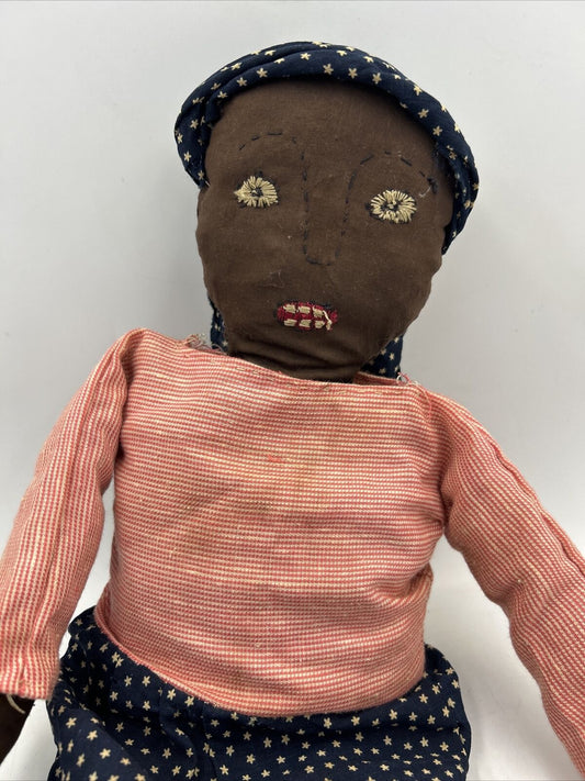 Vintage African American Doll Handmade Black Cloth Rag Creepy Folk Art 18”