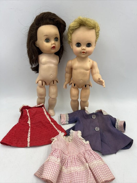 10" Vintage Hard Plastic Walker Doll LOT of 2 1950s Jointed Bent legs TLC